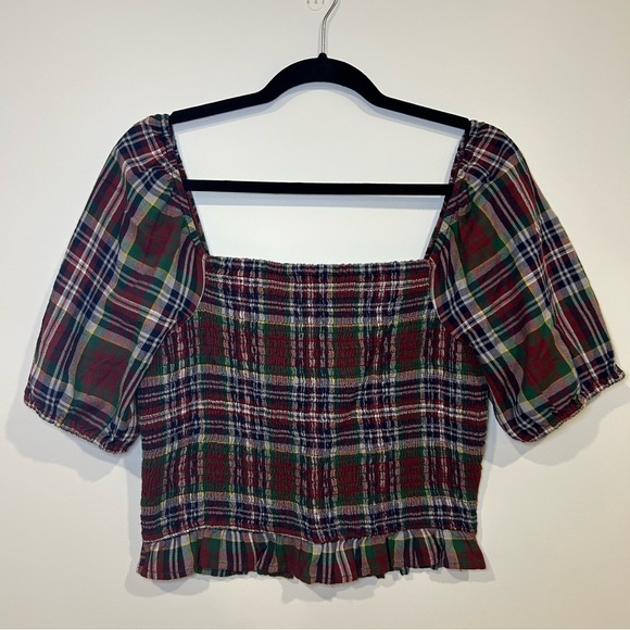 AMERICAN EAGLE Red Smocked Puff Sleeve Cropped Top - Picture 2 of 10